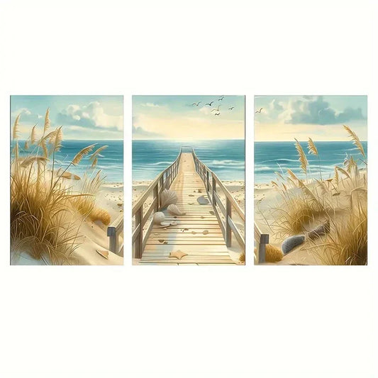 3pcs Beach Sand Dunes & Pier Scenic Metal Print Ready to Hang Art