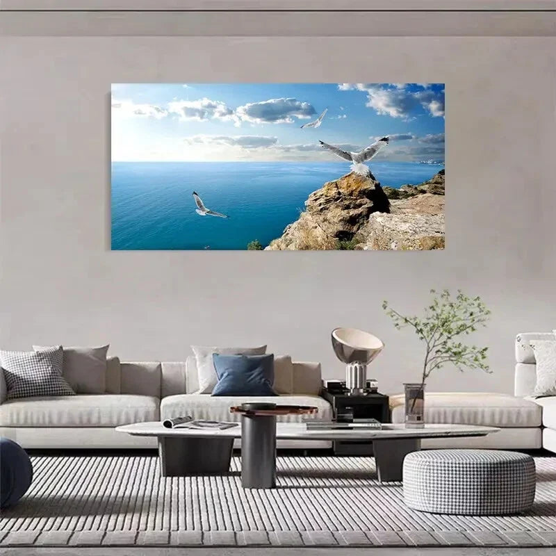 Blue Sky White Clouds Ocean Wall Art Canvas Office Home Room Framed 120x60cm