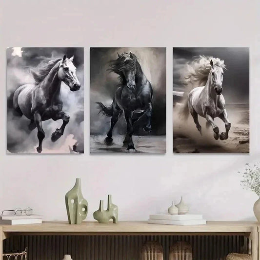 3pcs Galloping Horses Black and White Horse Wall Art Set Canvas Framed 40x60cm - High Quality Print 100% Australian Made Wall Canvas Ready to Hang