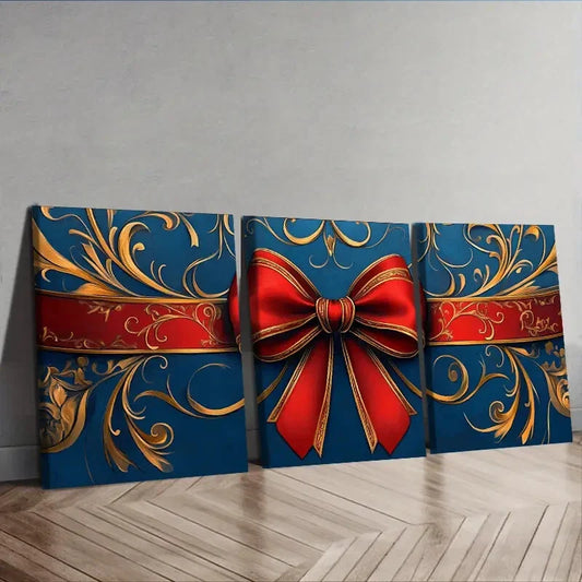 3pcs Modern Golden Red Bow Wall Art Set Canvas Framed 40x60cm - High Quality Print 100% Australian Made Wall Canvas Ready to Hang