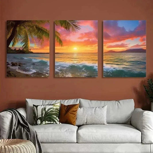 3pcs Sunset Ocean & Palm Trees Landscape Wall Art Set Canvas Framed 40x60cm - High Quality Print 100% Australian Made Wall Canvas Ready to Hang