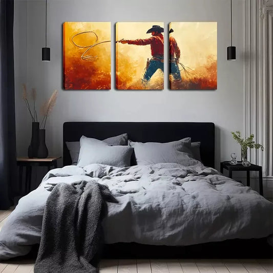 3pcs Western Cowboy with Rope  Wall Art Set Canvas Framed 40x60cm - High Quality Print 100% Australian Made Wall Canvas Ready to Hang