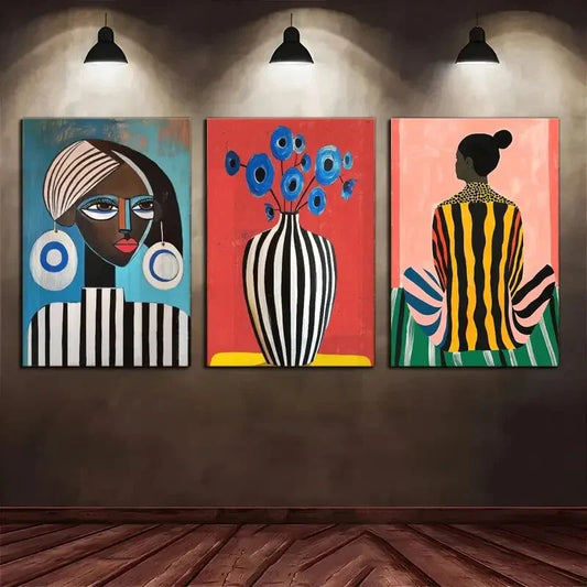 3pcs Ensemble Modern Space Artistic African Girl Metal Print Ready to Hang Art