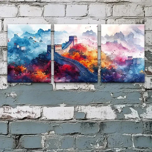 3pcs Ancient Great Wall of China Watercolor Wall Art Set Canvas Framed 40x60cm - High Quality Print 100% Australian Made Wall Canvas Ready to Hang