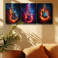 3pcs Vibrant Blue & Orange Electric Guitars Metal Print Ready to Hang Art