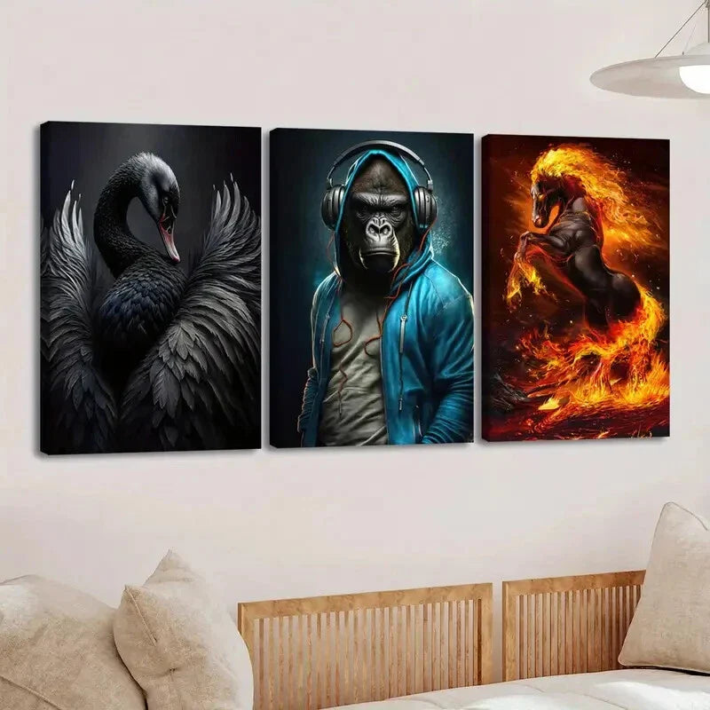 3pcs Various Animals Black Duck Blue Monkey Gold Wall Art Set Canvas Framed 40x60cm - High Quality Print 100% Australian Made Wall Canvas Ready to Hang
