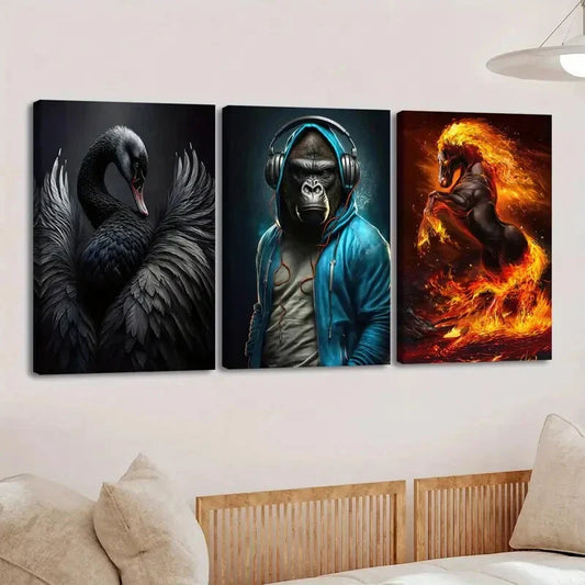3pcs Various Animals Black Duck Blue Monkey Gold Wall Art Set Canvas Framed 40x60cm - High Quality Print 100% Australian Made Wall Canvas Ready to Hang
