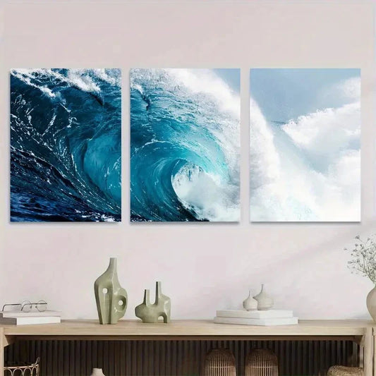3pcs Modern Coastal Ocean Wave Triptych Metal Print Ready to Hang Art