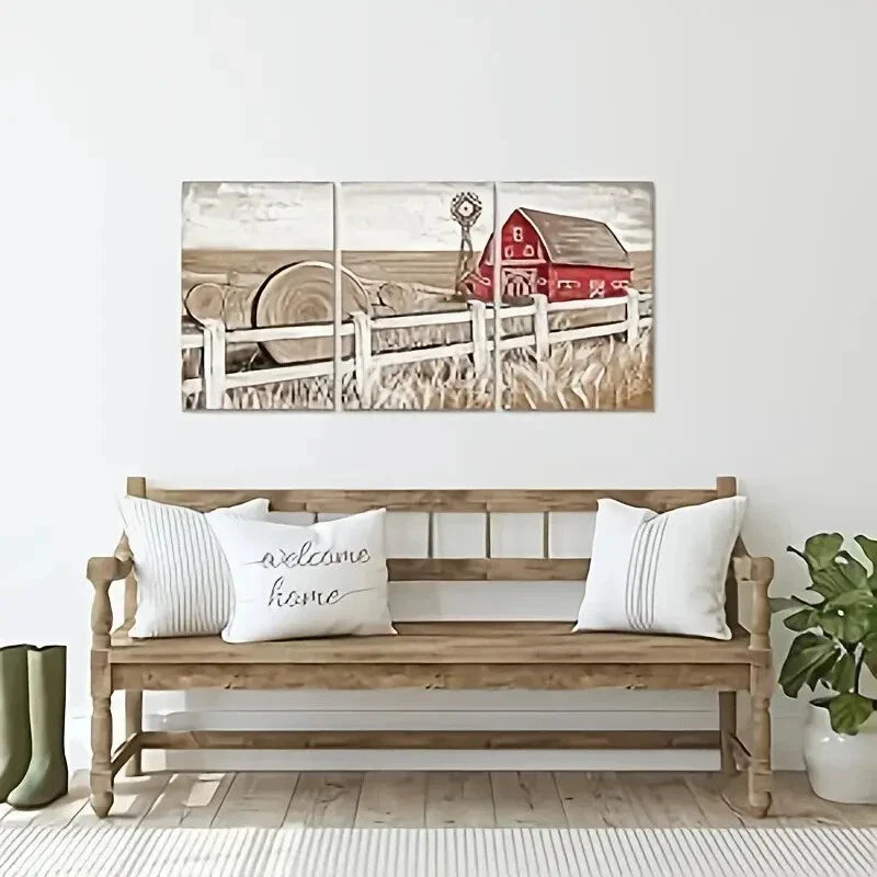 3pcs  Landscape Theme with Old Barn Windmill, Metal Print Ready to Hang Art