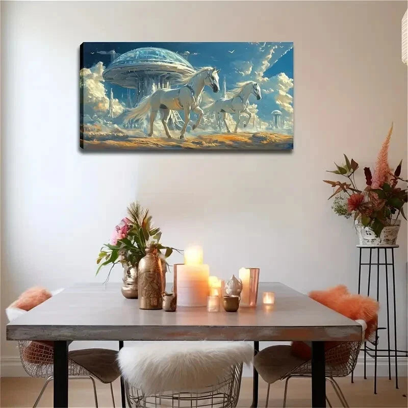 Futuristic White Horses Running Wall Art Canvas Office Home Room Framed 120x60cm