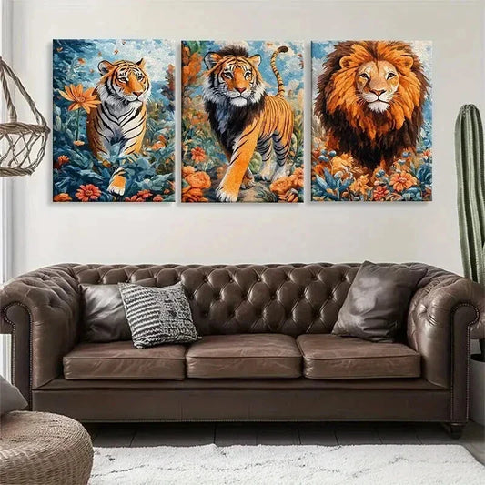 3pcs Majestic Tiger and Lion Floral Jungle Hues Wall Art Set Canvas Framed 40x60cm - High Quality Print 100% Australian Made Wall Canvas Ready to Hang