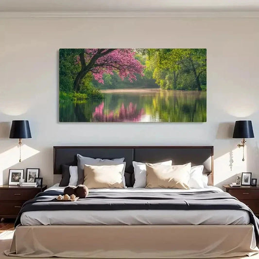 Cherry Blossom Serene Lake Wall Art Canvas Office Home Room Framed 120x60cm