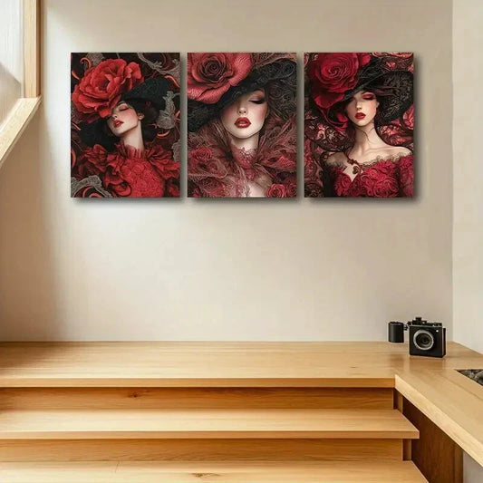 3pcs Sexy woman with Red Floral Metal Print Ready to Hang Art