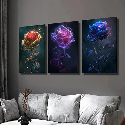 3pcs Fantasy Gold Purple Blue Rose Flower Wall Art Set Canvas Framed 40x60cm - High Quality Print 100% Australian Made Wall Canvas Ready to Hang