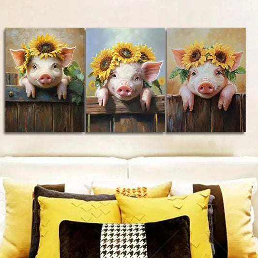 3pcs Rustic Sunflower Pig Metal Print Ready to Hang Art