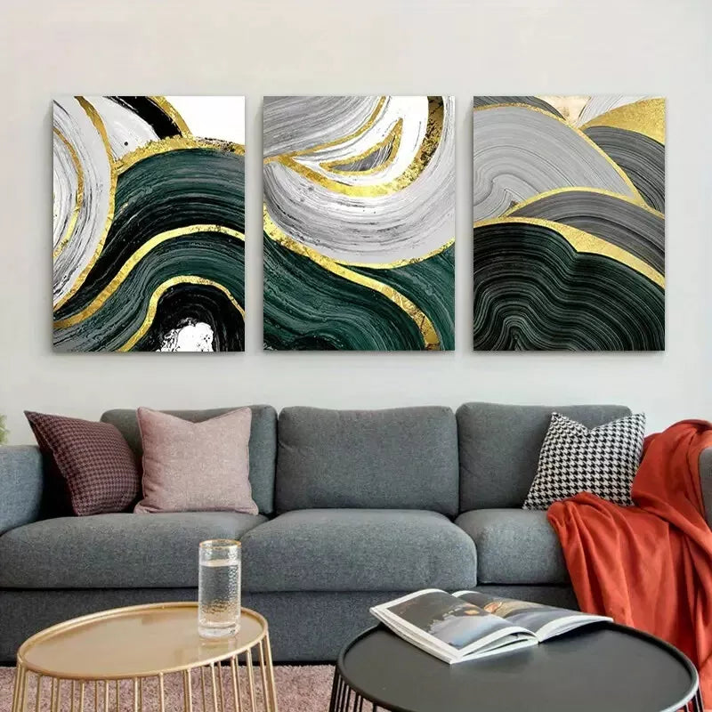 3pcs Abstract Golden Green Marble Line Canvas Framed 40x60cm - High Quality Print 100% Australian Made Wall Canvas Ready to Hang