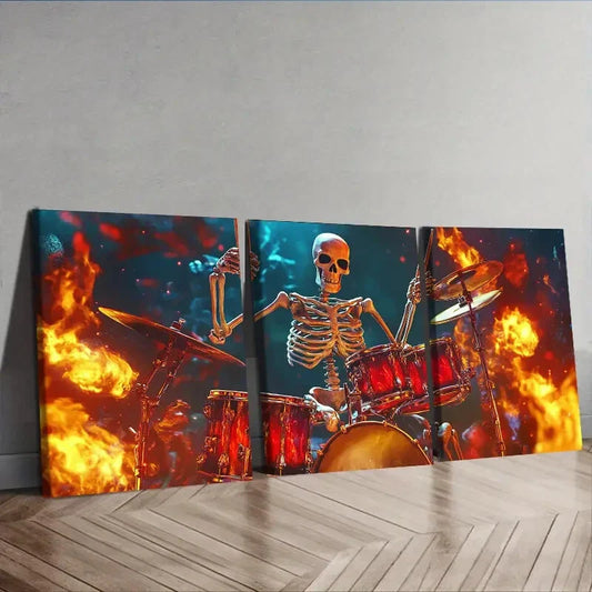 3pcs Skeleton Drummer Canvas Wall Art Set Canvas Framed 40x60cm - High Quality Print 100% Australian Made Wall Canvas Ready to Hang
