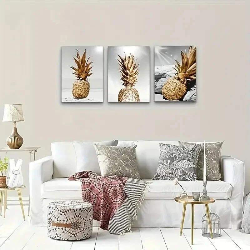 3pcs Golden Pineapple Black and White Oil Painting  Metal Print Ready to Hang Art