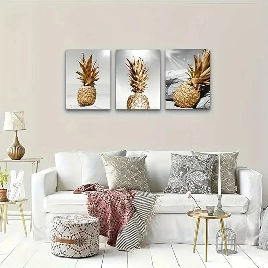 3pcs Golden Pineapple Black and White Oil Painting  Metal Print Ready to Hang Art