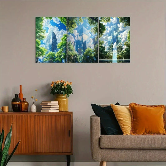 3pcs Building Standing in Open Green Space Metal Print Ready to Hang Art