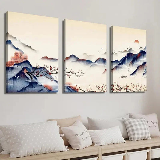 3pcs Chinese Painting of Mountains and Red Plums Wall Art Set Canvas Framed 40x60cm - High Quality Print 100% Australian Made Wall Canvas Ready to Hang