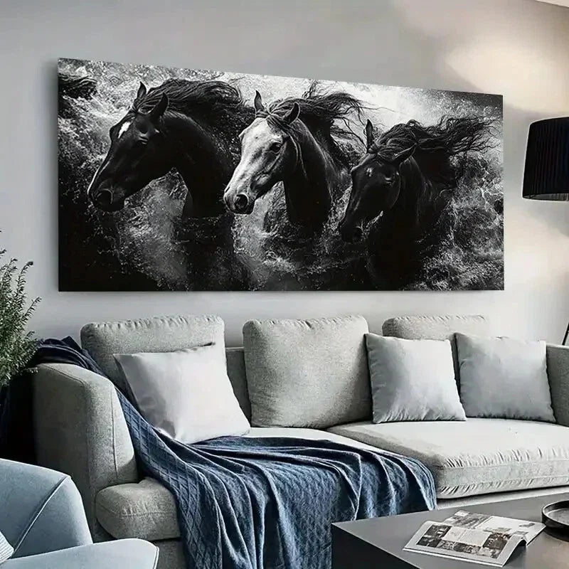 Black & White Horses Water Wall Art wall canvas office home room framed 120x60cm