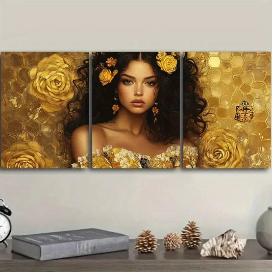 3pcs Intricate Golden lace girl Metal Print Ready to Hang Art