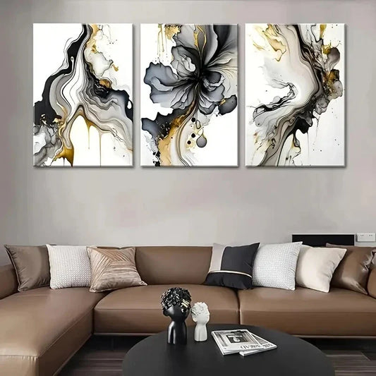 3pcs Black and Gold Abstract  Metal Print Ready to Hang Art