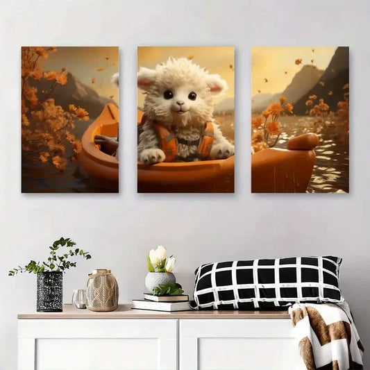 3pcs Whimsical Fall Foliage Scene with Orange Metal Print Ready to Hang Art