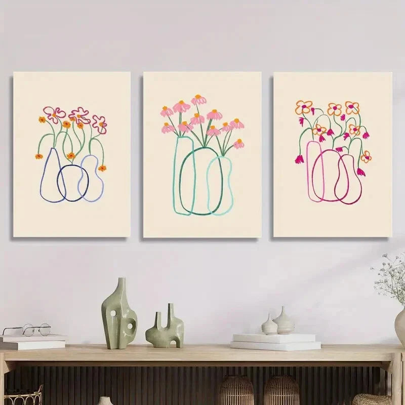 3pcs Pink Vase with Blue and Pink Flowers Bouquet Metal Print Ready to Hang Art