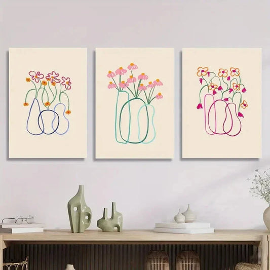 3pcs Pink Vase with Blue and Pink Flowers Bouquet Metal Print Ready to Hang Art
