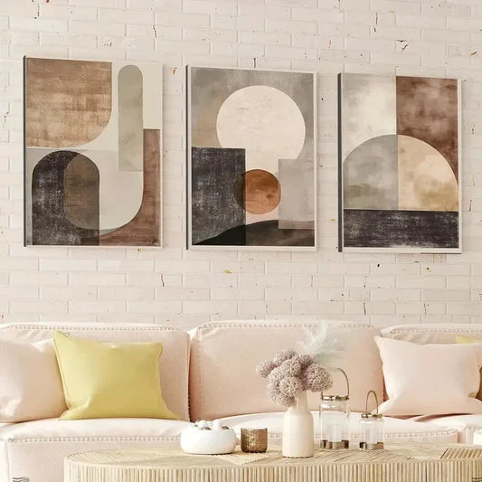 3pcs Abstract Beige Brown Geometric Shapes Brown Wall Art Set Canvas Framed 40x60cm - High Quality Print 100% Australian Made Wall Canvas Ready to Hang