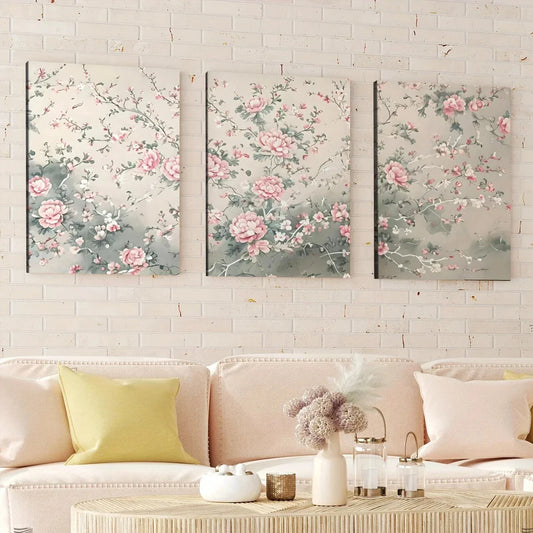 3pcs Sage Green Chinoiserie Art Rose Florals Wall Art Set Canvas Framed 40x60cm - High Quality Print 100% Australian Made Wall Canvas Ready to Hang