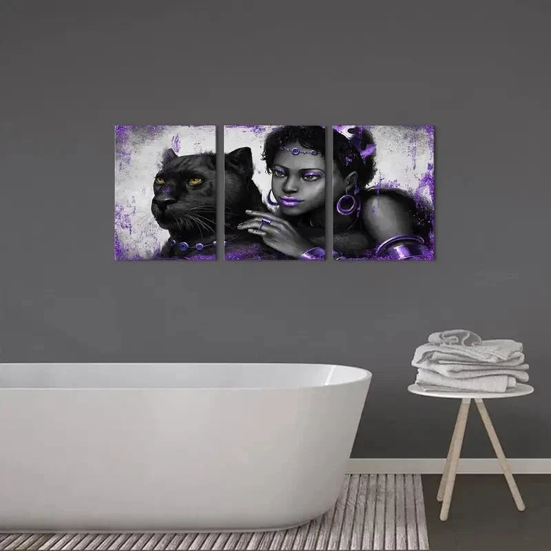 3pcs Black Woman with Queen Crown and Panther Metal Print Ready to Hang Art