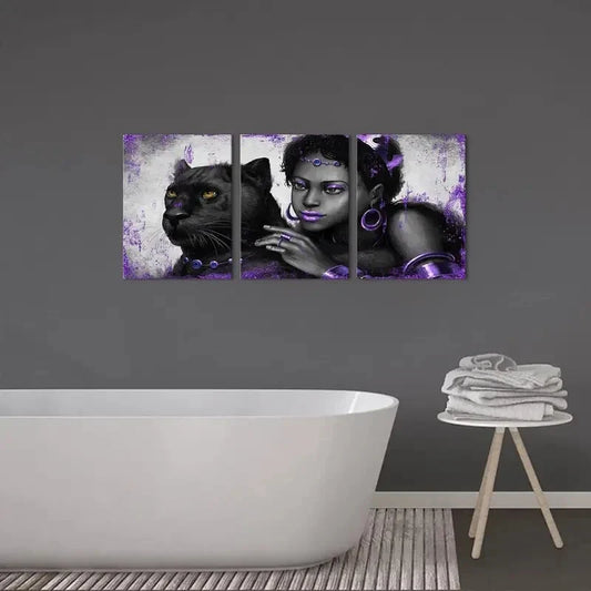 3pcs Black Woman with Queen Crown and Panther Metal Print Ready to Hang Art