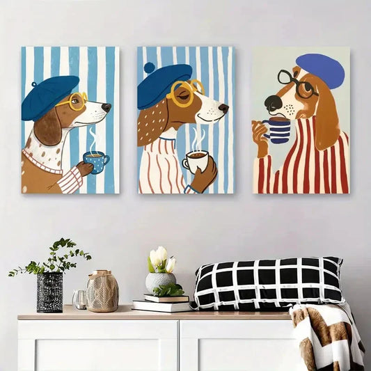 3pcs Cartoon Beagle with Blue Beret & Glasses Metal Print Ready to Hang Art