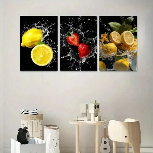 3pcs Fruit with Splash Water Metal Print Ready to Hang Art