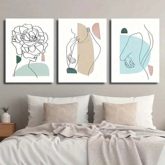3pcs Geometric & Abstract Shapes Green Leaves Metal Print Ready to Hang Art