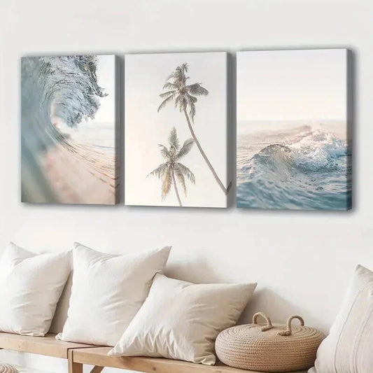 3pcs Sea Waves and Palm Tree Prints Wall Art Set Canvas Framed 40x60cm - High Quality Print 100% Australian Made Wall Canvas Ready to Hang