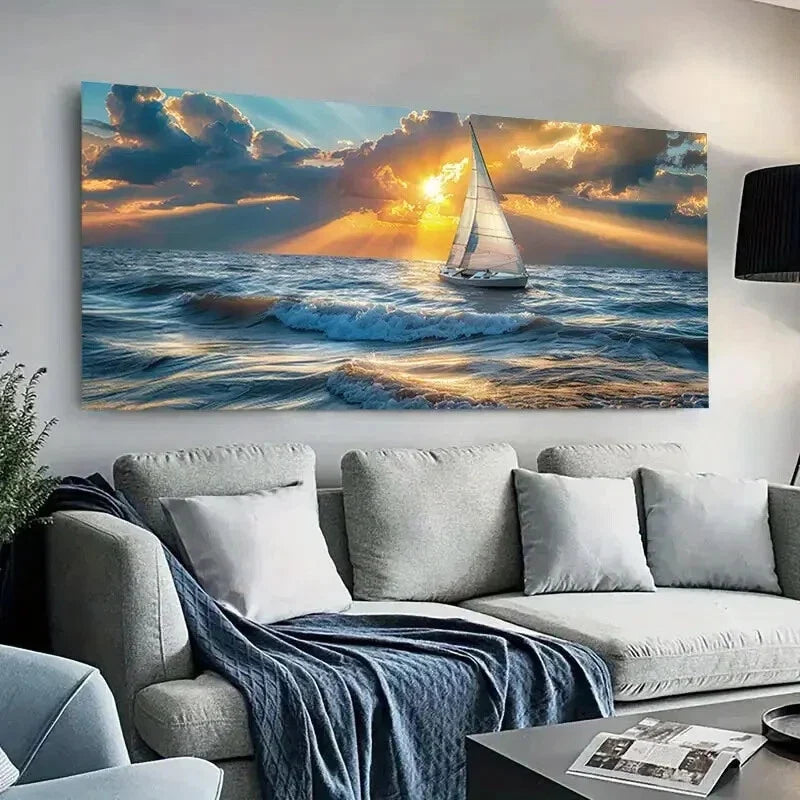 Golden Sunset Ocean Waves wall canvas office home room framed 120x60cm