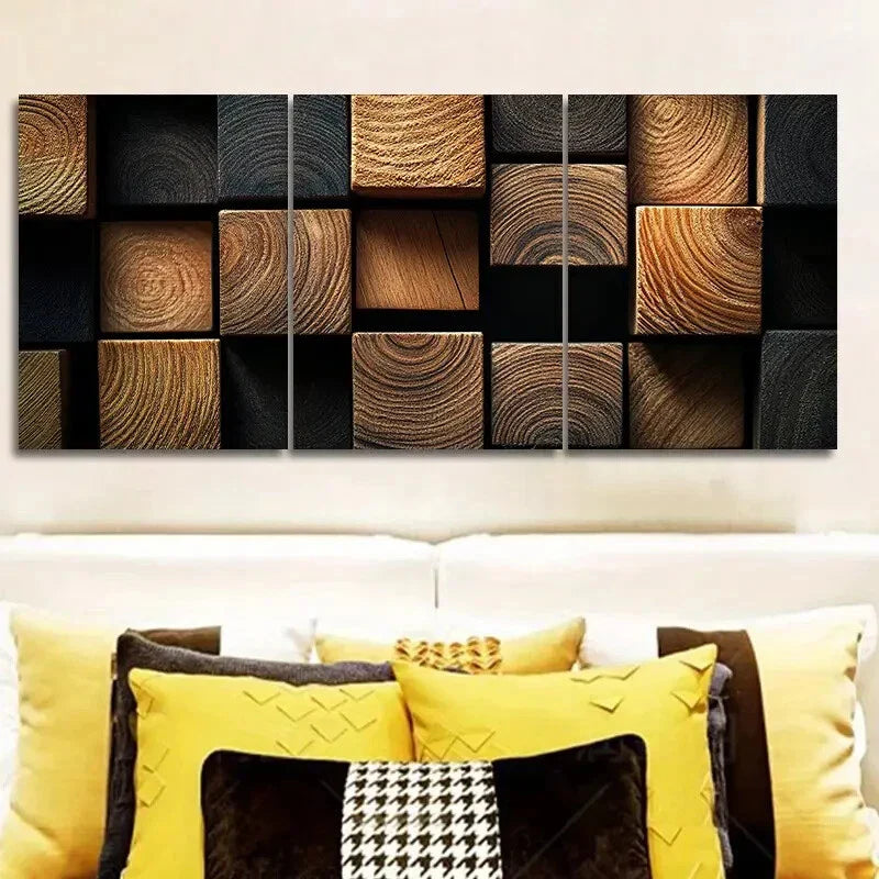 3pcs Featuring Dark Textured Wooden Blocks Metal Print Ready to Hang Art