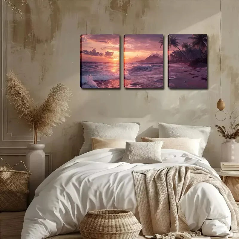 3pcs Crashing Waves, Sunsets, Beaches Wall Art Set Canvas Framed 40x60cm - High Quality Print 100% Australian Made Wall Canvas Ready to Hang