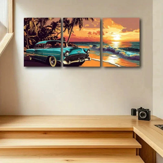 3pcs Vibrant Sunset Car Print Ready to Hang Art