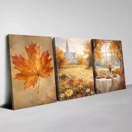 3pcs Beautiful Autumn Town with Dry Leaves Wall Art Set Canvas  Framed 40x60cm - High Quality Print 100% Australian Made Wall Canvas Ready to Hang