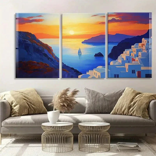 3pcs Vibrant Seascape Santorini Sunset Perfect Wall Art Set Canvas Framed 40x60cm - High Quality Print 100% Australian Made Wall Canvas Ready to Hang