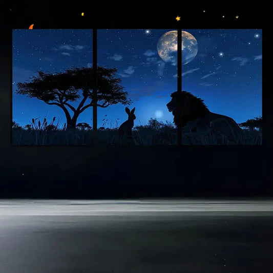 3pcs Lion and Rabbit Silhouette Moonlit Sky Metal Print Ready to Hang Art