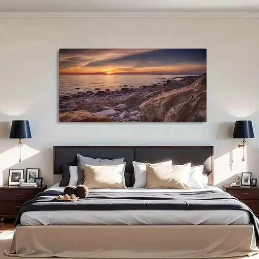 Ocean Seaside Vibrant Sunset Wall Art Canvas Office Home Room Framed 120x60cm