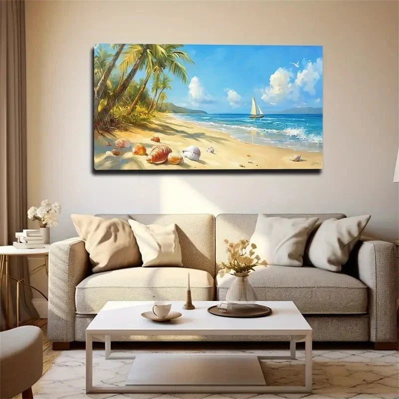 Conch Shells On The Beach Wall Art Canvas Office Home Room Framed 80x45cm