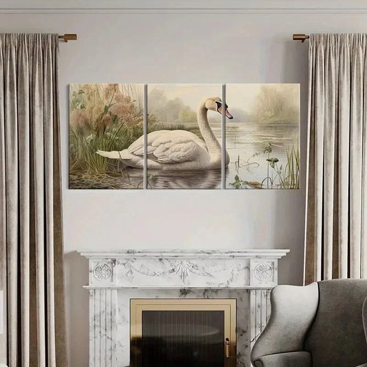 3pcs Elegant Swan On Calm Lake Metal Print Ready to Hang Art