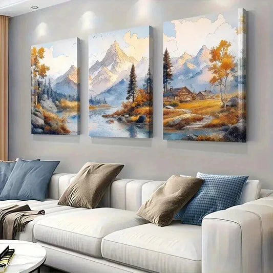 3pcs Scenic Autumn Views with Majestic Mountains Wall Art Set Canvas Framed 40x60cm - High Quality Print 100% Australian Made Wall Canvas Ready to Hang